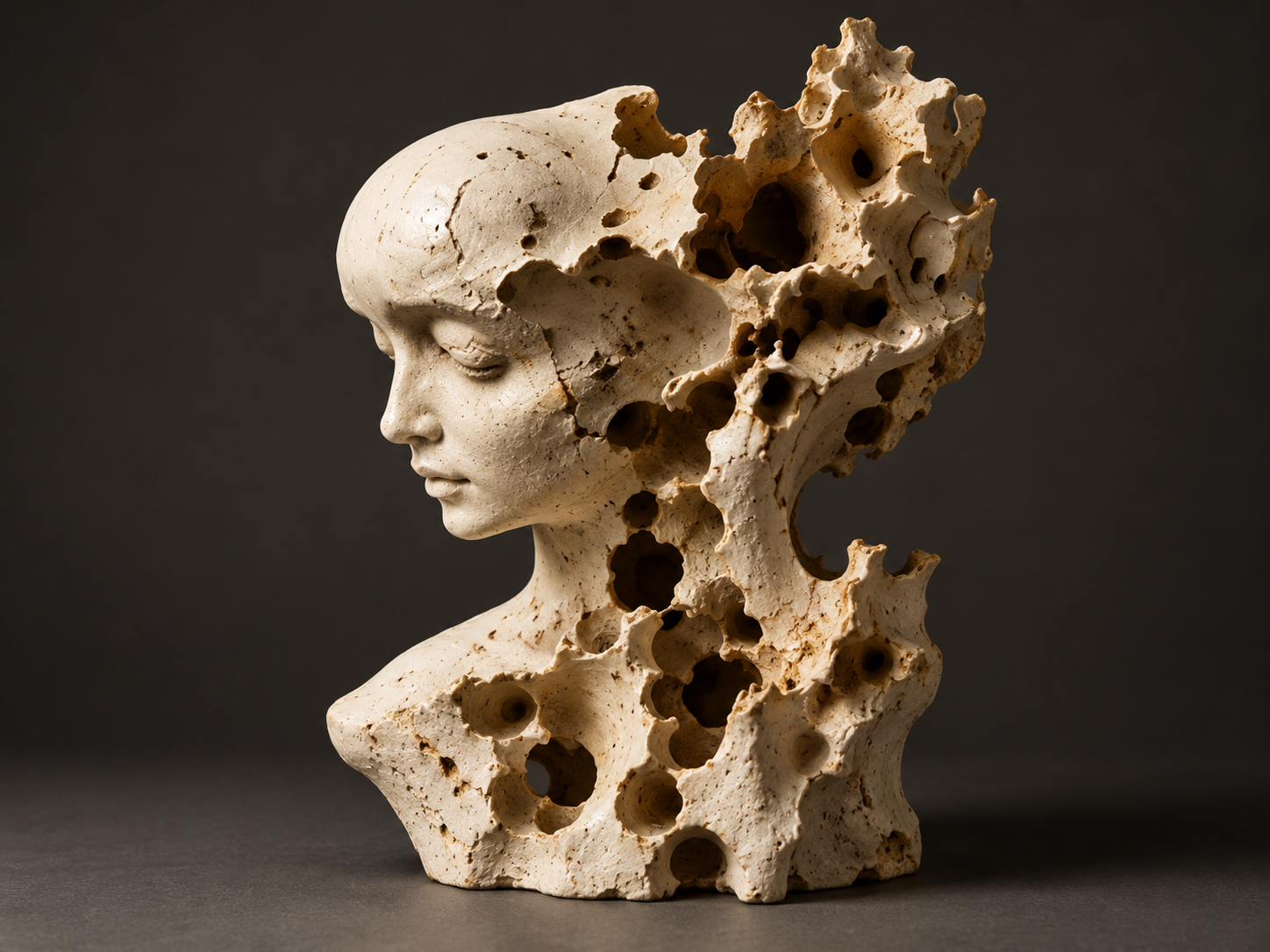 Organiczna ceramiczna rzeźba o nieregularnej, porowatej powierzchni